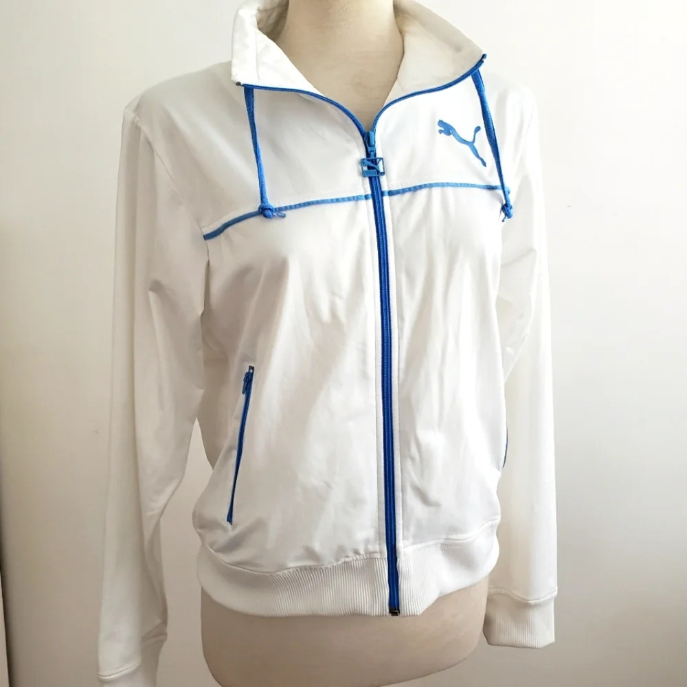 Vintage Puma Jacket • Athleisure • White & Blue • Fits Medium